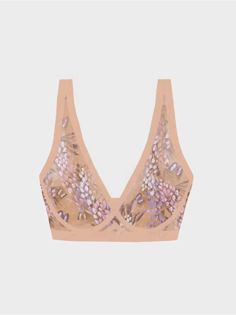 JoinEBY Sheer Floral Lace Bralette in Nude with Lilac Accents